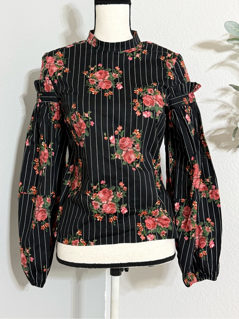 H&M Pinstripe Floral Blouson Sleeve Fine Woven Cotton Ruffle Blouse